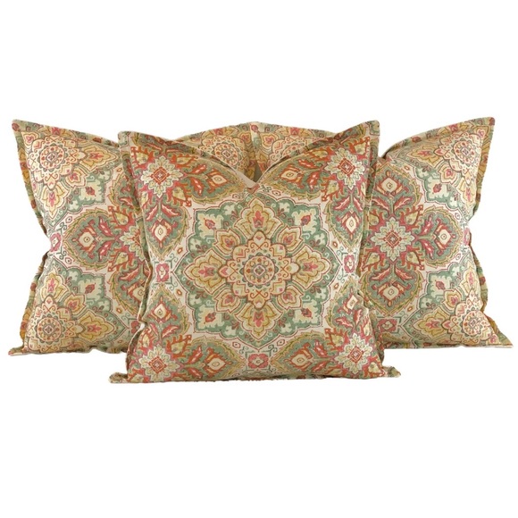 3 Pc P Kaufmann Waverly Coral Green Yellow Ikat Suzani Medallion Pillow Covers